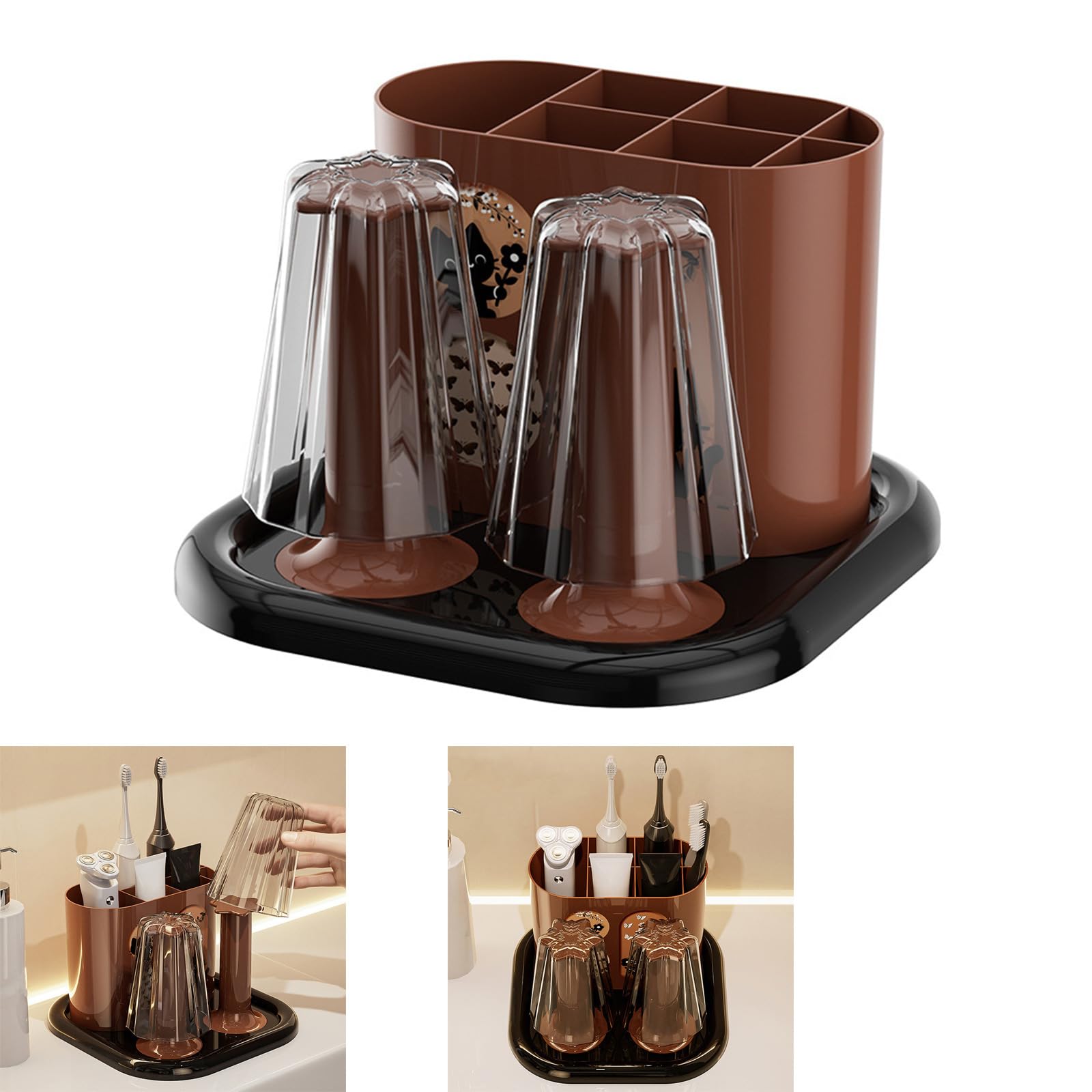 MidCentury - Organizador de cepillos de dientes con diseño antideslizante y taza de enjuague bucal para uso diario, accesorio de organización de baño, soporte para cepillo de dientes