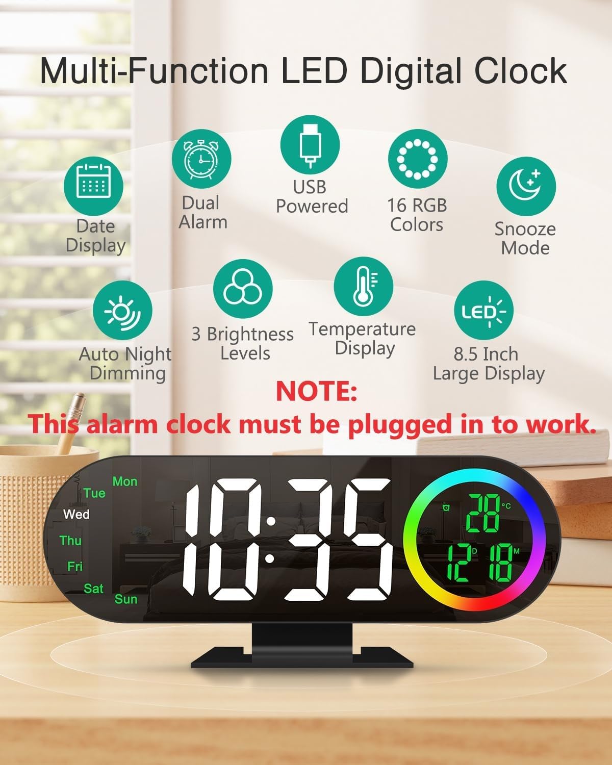 ORIA Large Display Digital Alarm Clock for Bedroom Office Seniors Teens