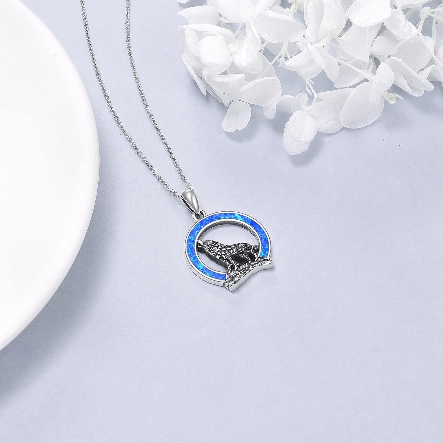 YFN Wolf Necklace Gifts for Men Women Sterling Silver Opal Moon Wolfs Jewelry Birthday 18+2" - Image 3