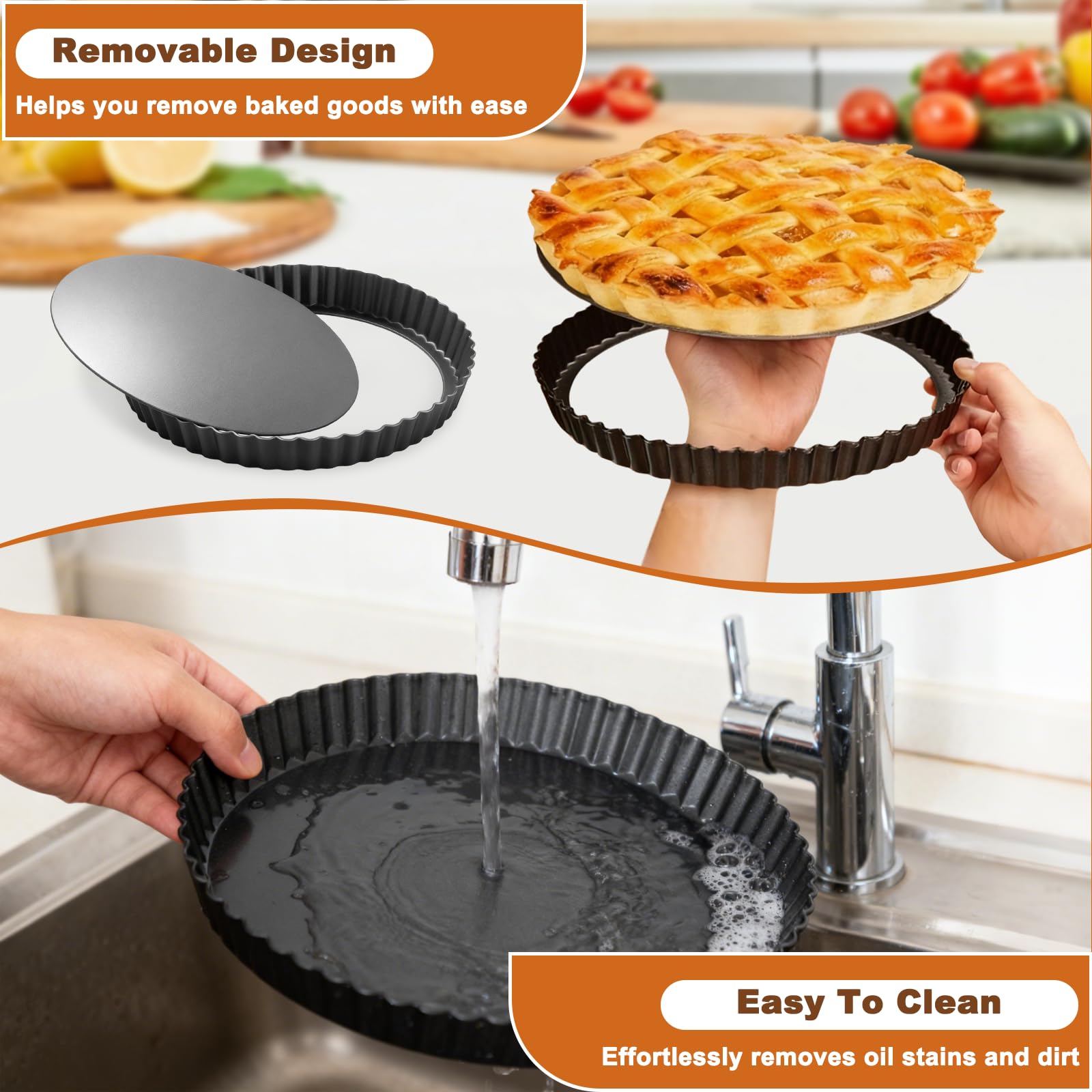 2Pcs Teglia Crostata Fondo Removibile, Stampo Crostata Morbida Ondulato Tonda Acciaio Carbonio 22cm & 28cm, Teglie Tortiera Torta Bordo Scanalato Antiaderente Cassaforte Amovibile per Torte Frutta
