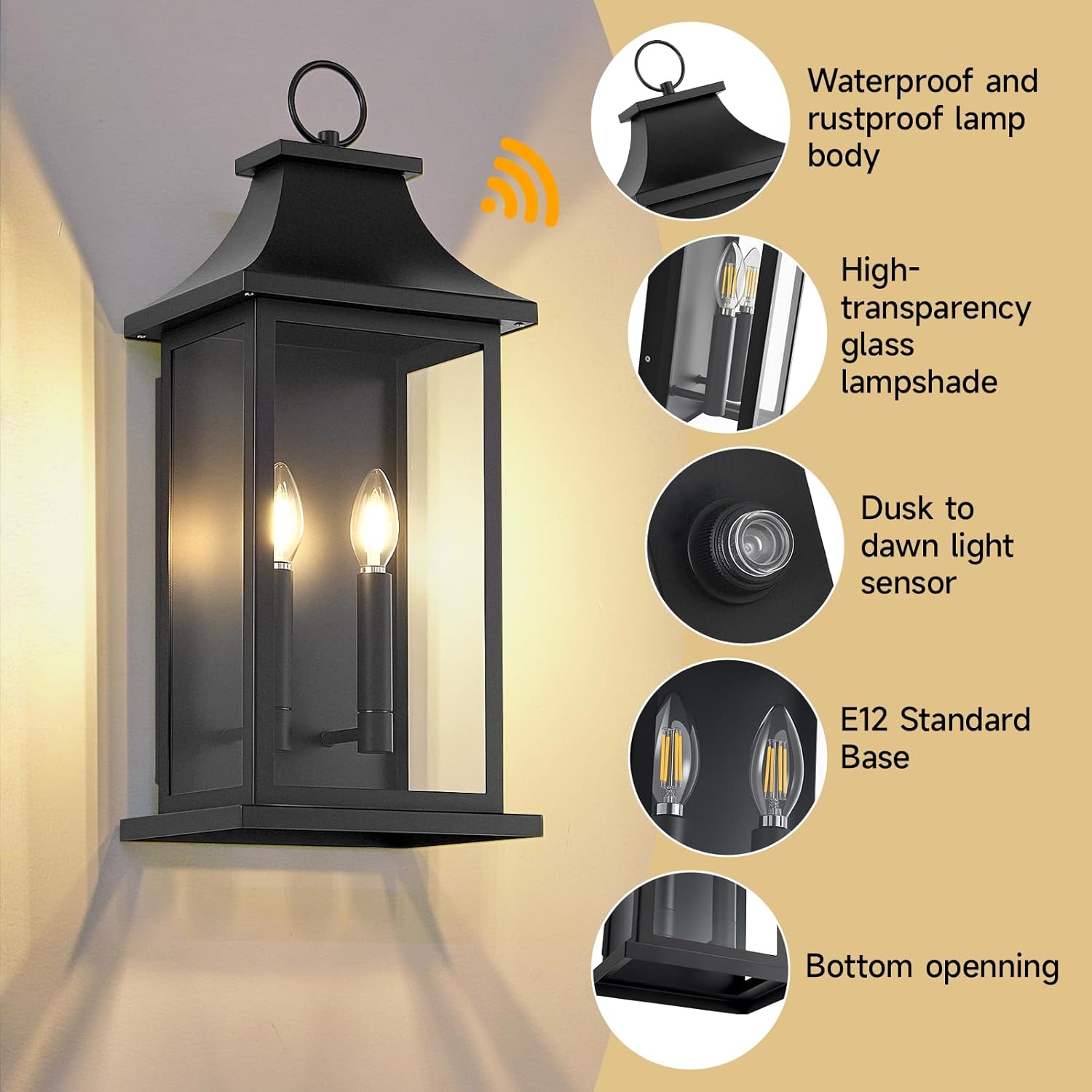 Large Outdoor Wall Lights, Dusk to Dawn Sensor Outside Lights, Exterior Lighting Fixtures Wall Mount, Wall Sconce Light Outdoor Lanterns for Porch, Black 22 Inch 2-Light, 2-Pack