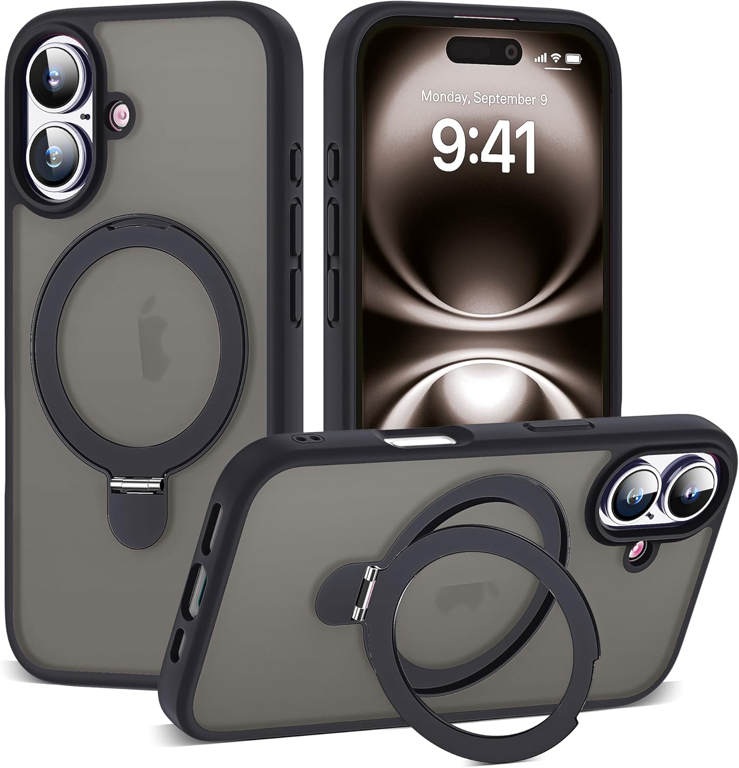 Designed for iPhone 16 Case with Magnetic Ring Stand [Compatible with Mag-Safe] [Military Drop Protection] Shockproof Translucent Phone Cover 6.1" for Women Men,Black