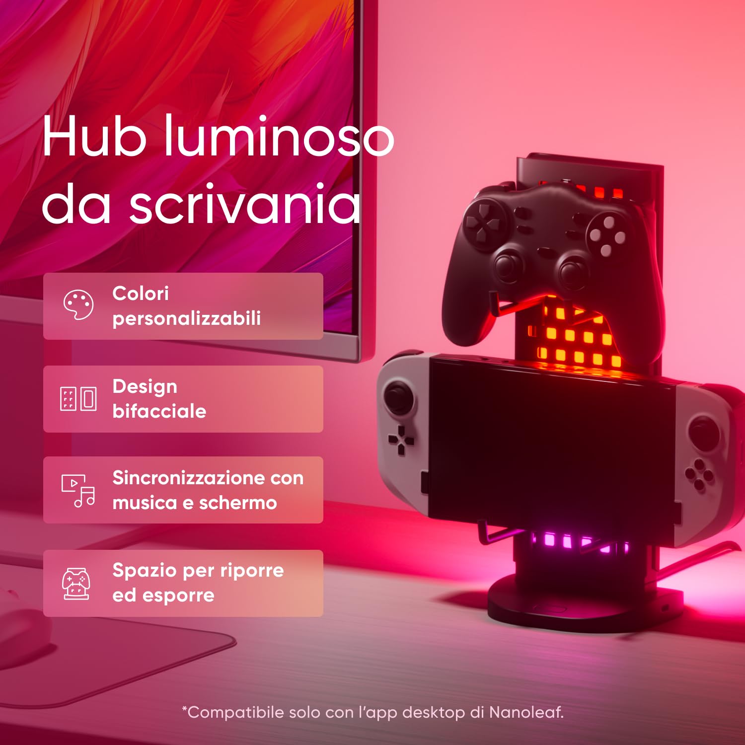 Nanoleaf Hub Luminoso per Gaming, Lampada Tavolo Intelligente RGB 3in1, Supporto Cuffie/Controller, Illuminazione Doppia Faccia, Dock USB-C, Sync Musica e Schermo via App, Luce Ambientale Gaming