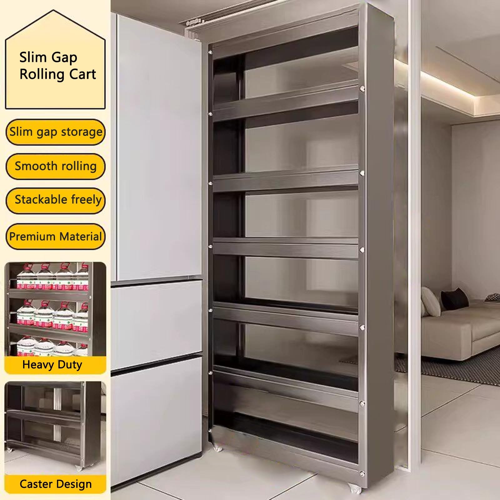 Carrito de Cocina Alto y Estrecho con Ruedas, Estante Robusto De Acero Al Carbono para Hueco Frigorífico, Organizador Ahorra Espacio para Cocina, Baño Y Lavandería(White,40x15x198cm)