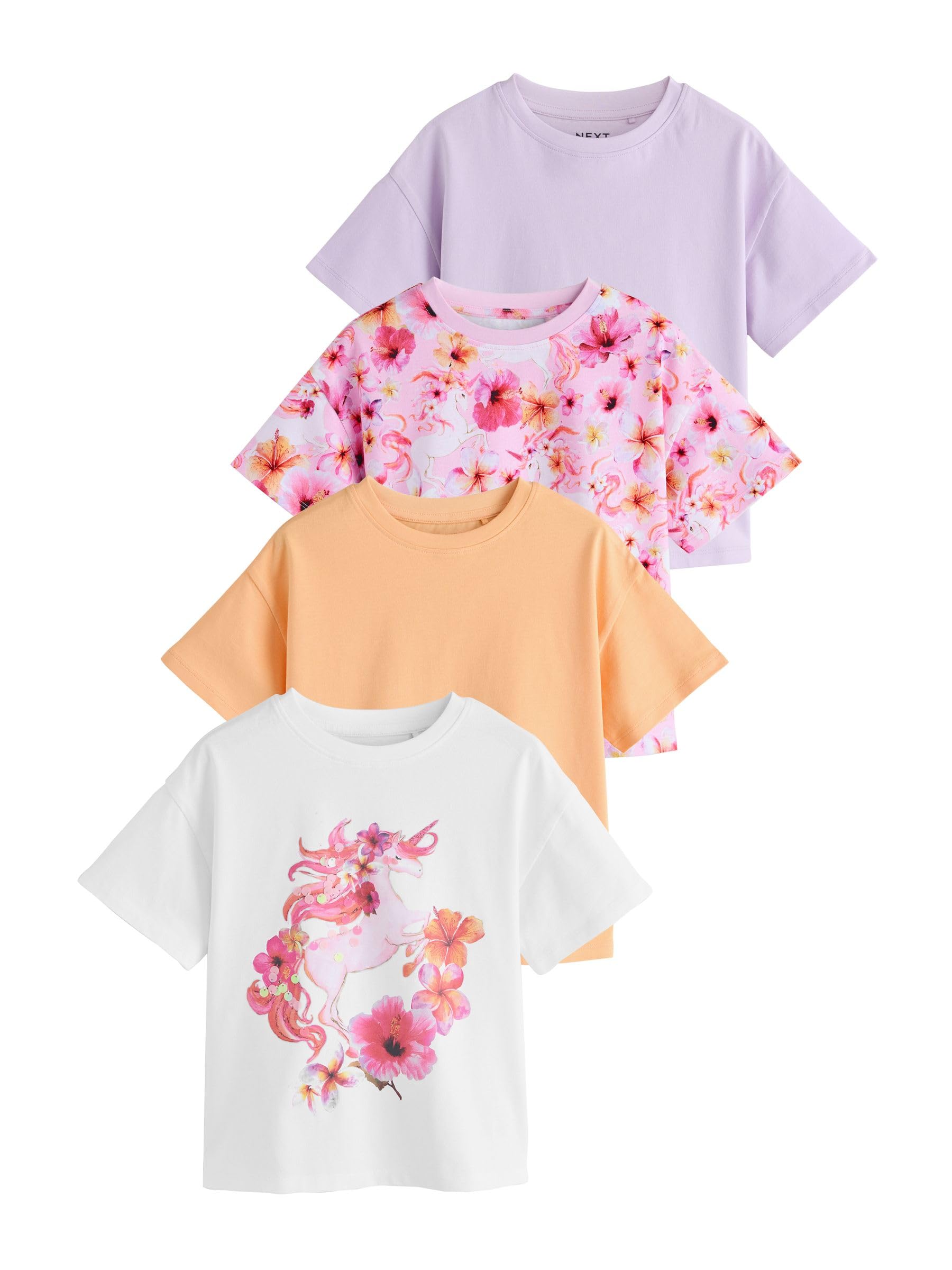 NEXT Niñas Pack de 4 Camisetas con Lentejuelas y Unicornio