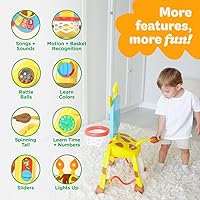 Vista 4 de Move2Play, Giraffe - Aro de baloncesto y centro de actividades de portería de fútbol Más de 30 sonidos y canciones + 5 luces Regalo