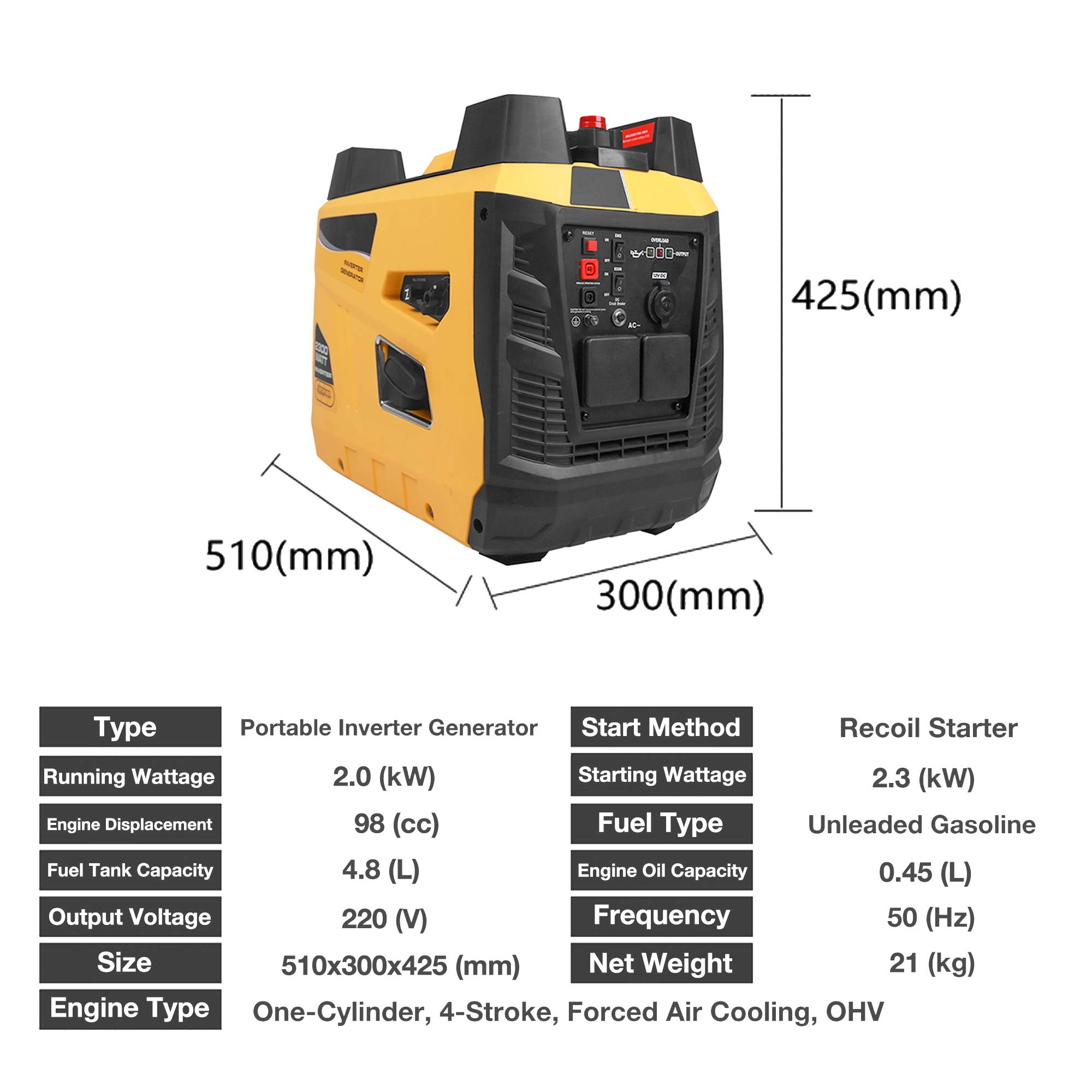 TGHY Generador Portátil Inverter de 2300 Vatios Bajo Nivel de Ruido y Liviano con Modo Ecológico y Apagado de Combustible Energía de Respaldo de Emergencia