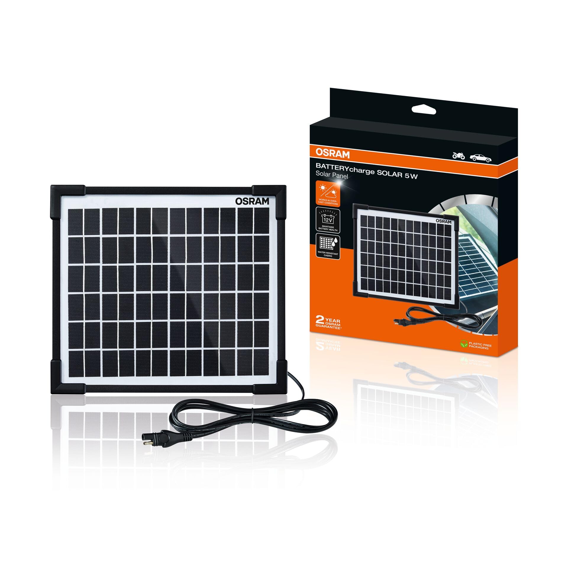 OSRAM BATTERYcharge SOLAR 5W, Solar battery maintainer, 12V battery charging, waterproof solar panel, polarity protection