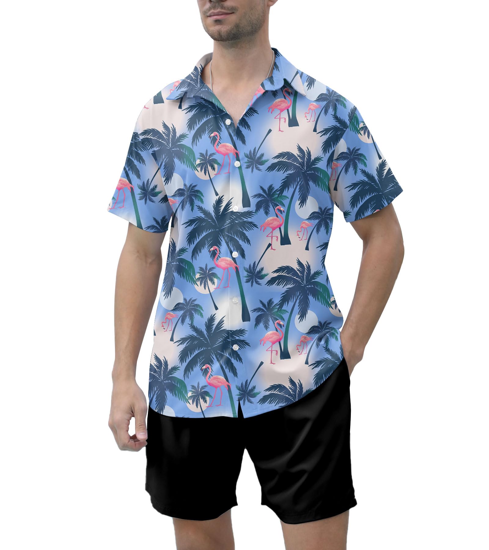 AhegaoGreen Palm 2 Piece Matching Sets for Men Tropic Outfits Adult Fashion Black Blue Shirts and Long Shorts Youth Beach Party Clothing Couple Hawaiian Tracksuit XL