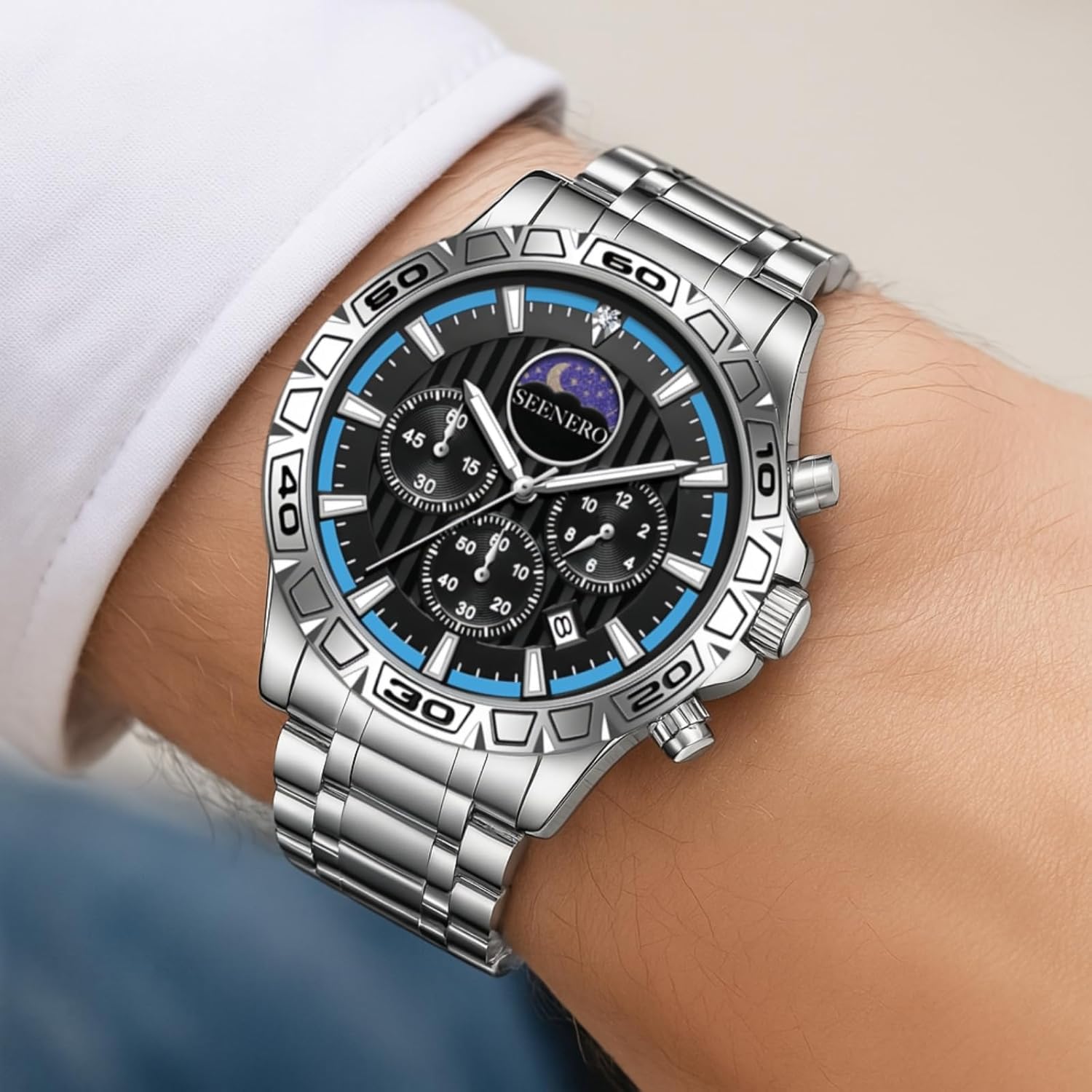 Watches for Men Luxury Stainless Steel Quartz Sports Fashion Dress Chronograph 3ATM Waterproof Watch with Moonphase Luminous Dial Perfect Mens Gifts Available in Black/Blue Or Silver/Blue - Image 6