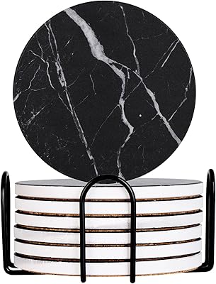 Drink Coasters with Holder Absorbent Ceramic Coasters Set of 6 Black Marble Style, 4 Inches Suitable for Kinds of Cups and Outdoor Picnic