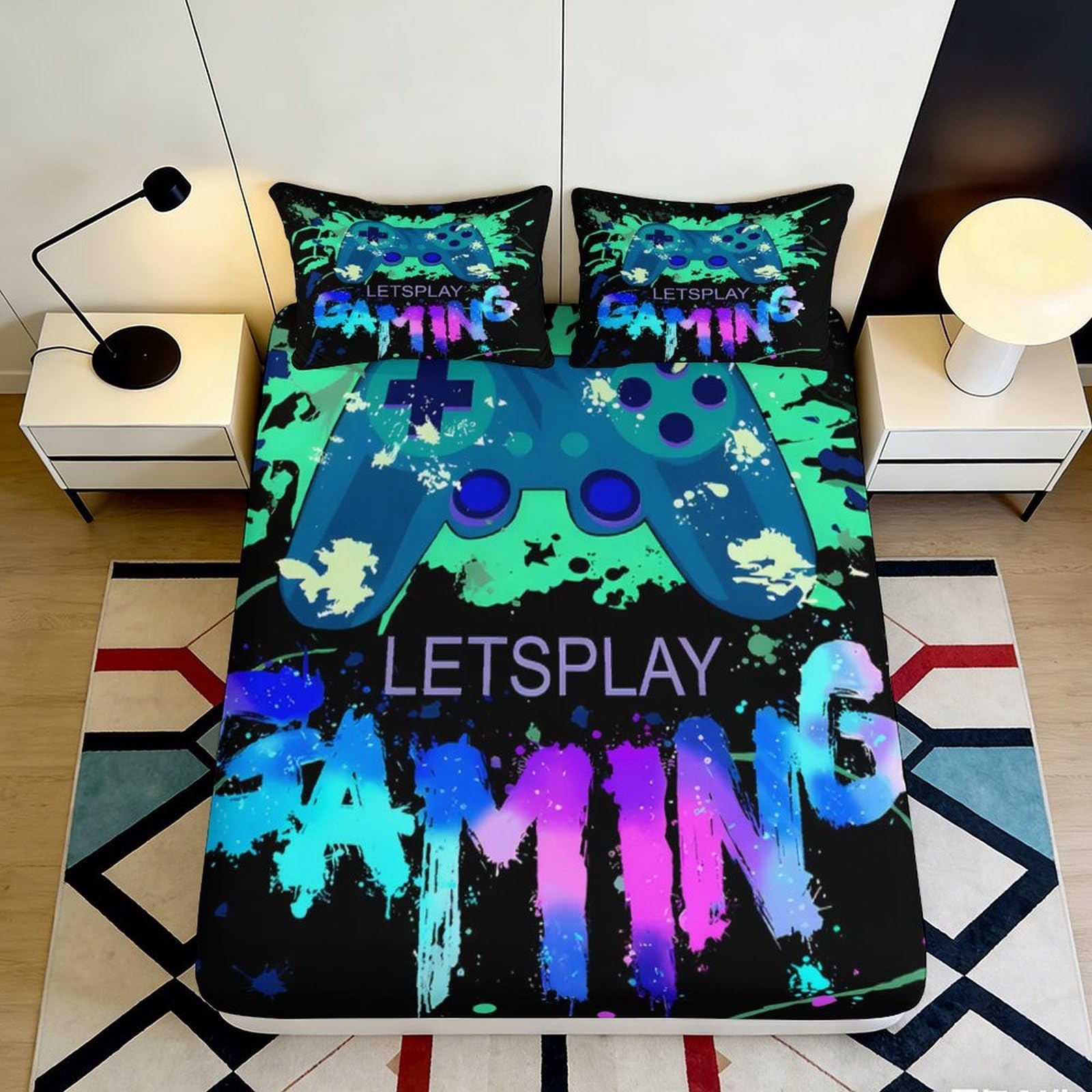 3D Printed Graffiti Gamepad Fitted Sheet Microfiber Soft Anti-Slip Neon Gaming Bed Cover for Bedroom Dorm Mattress Decor 140x200x25cm