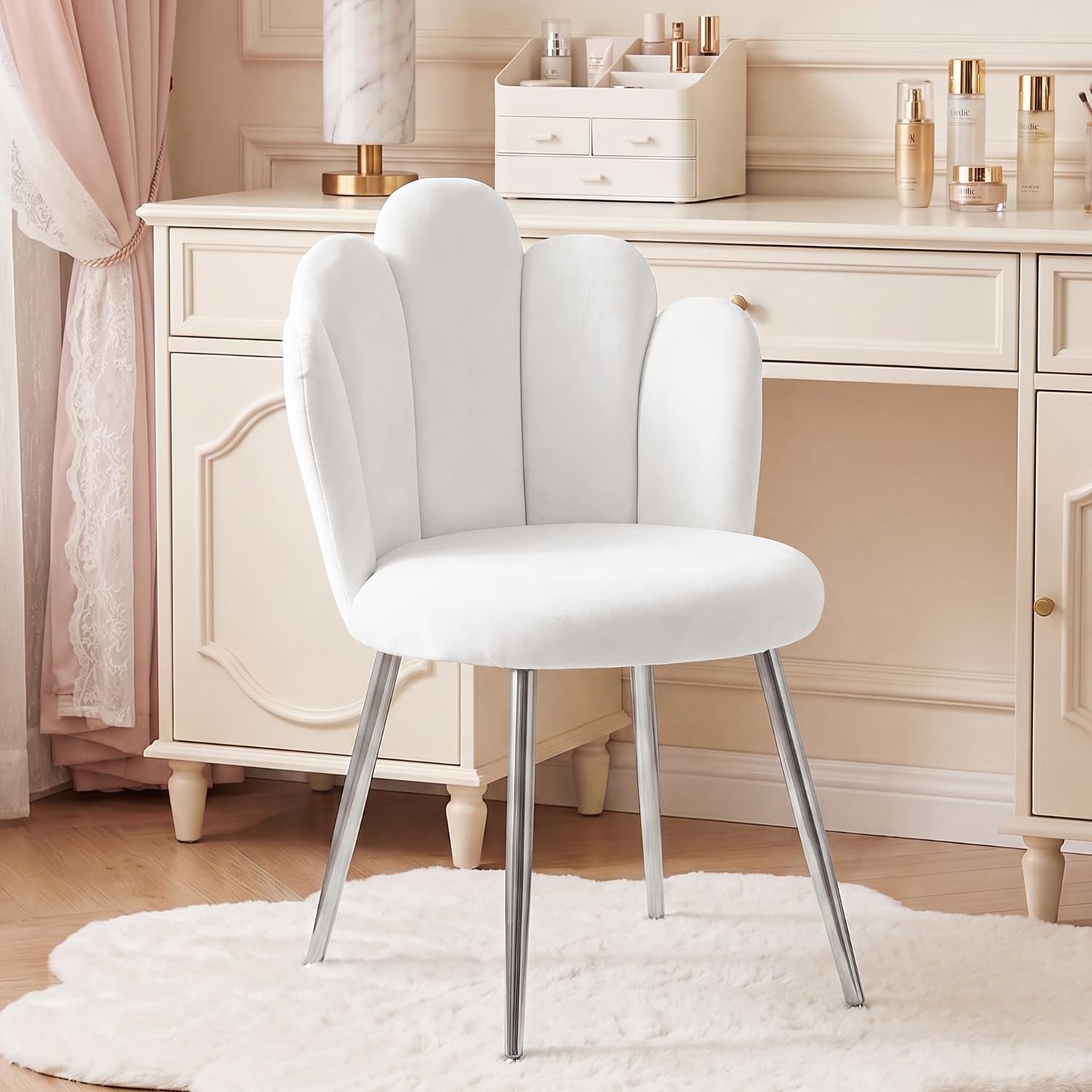 BOWTHY Vanity Chair for Makeup Room - Midcentury Modern Accent Chair for Living Room Bedroom, Velvet Chair with Back Support and Metal Legs (White)-image-4