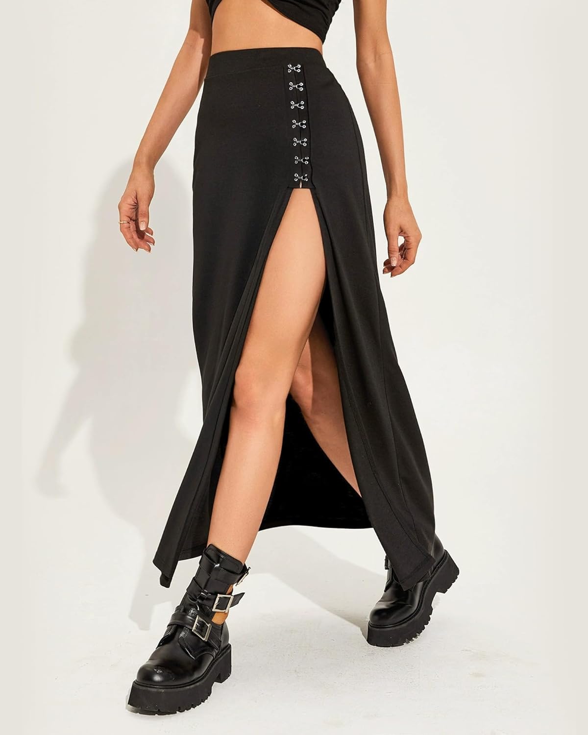 Black Gothic Punk Maxi Skirt for Women Casual High Waist Split Long Bodycon Skirts for Rave Summer Festival Club - Image 3