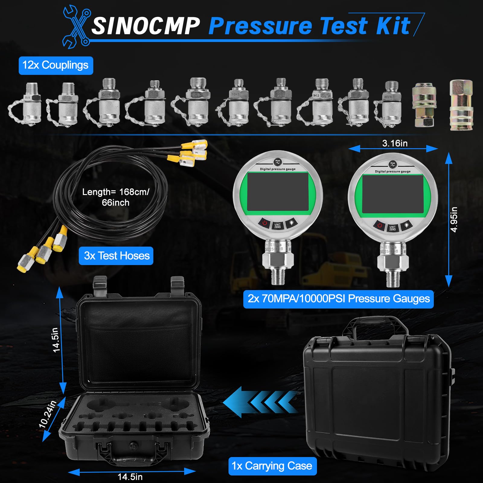 Digitales Manometer-Kit mit 2 70MPA/10000PSI-Manometern, 3 Prüfschläuchen und 12 Kupplungen, hydraulisches Gas-Wasserdruck-Test-Kit mit Hintergrundbeleuchtung, 1 Jahr Garantie