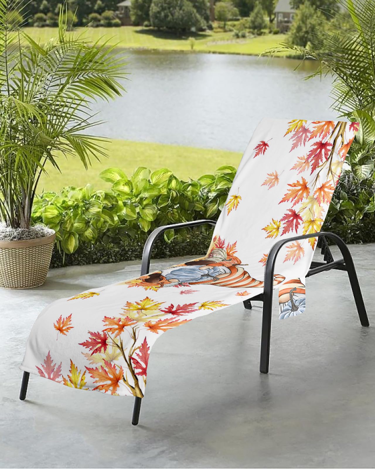 Pumpkin Gnomes Beach Chair Towel Covers for Chaise Lounge with Side Pocket, Soft Plush Pool Towels Cover for Patio Sunbathing Outdoor 29''x85'' Thanksgiving Fall leaves Autumn Holiday
