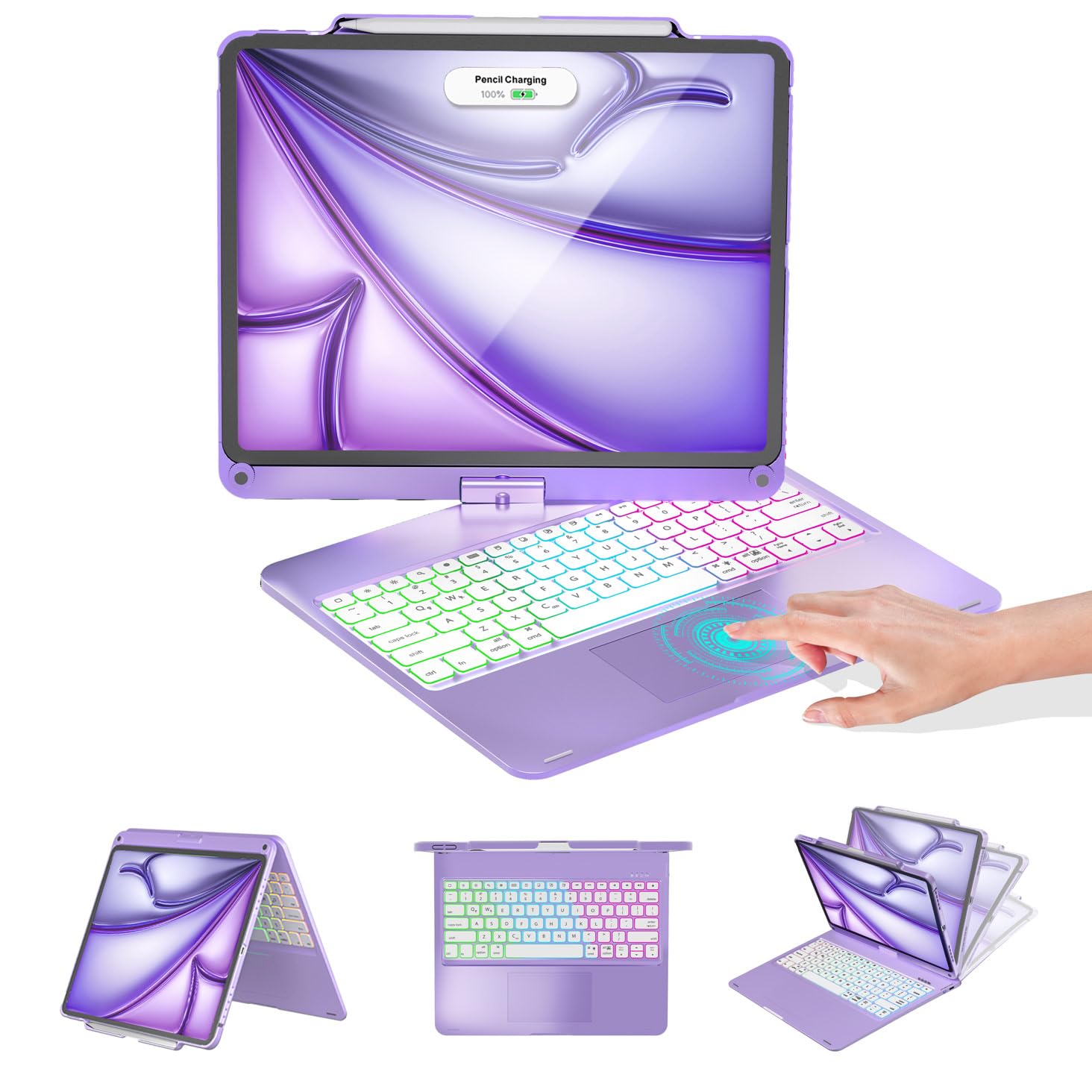 Baisla iPad Air 13 Inch Case Keyboard, Premium Hardshell Keyboard for iPad Pro 12.9 (6th/5th/4th/3rd Gen), 360° Rotatable, Multi-Touch Trackpad, 7 Color Backlit with Pencil Holder - Metallic Purple