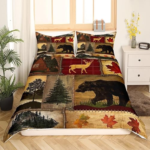 Miniatura 2 de Funda de edredón rústica tamaño Queen, juego de ropa de cama retro para cabaña de cabaña, oso de caza, ciervo, hojas de arce, funda de edredón de