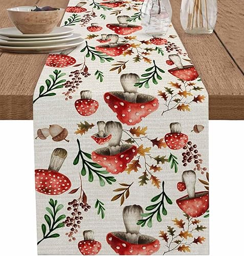 Camino de mesa de lino de algodón, 36 pulgadas de largo, camino de mesa de comedor con hongos, bufandas de tocador, verduras de granja, arpillera