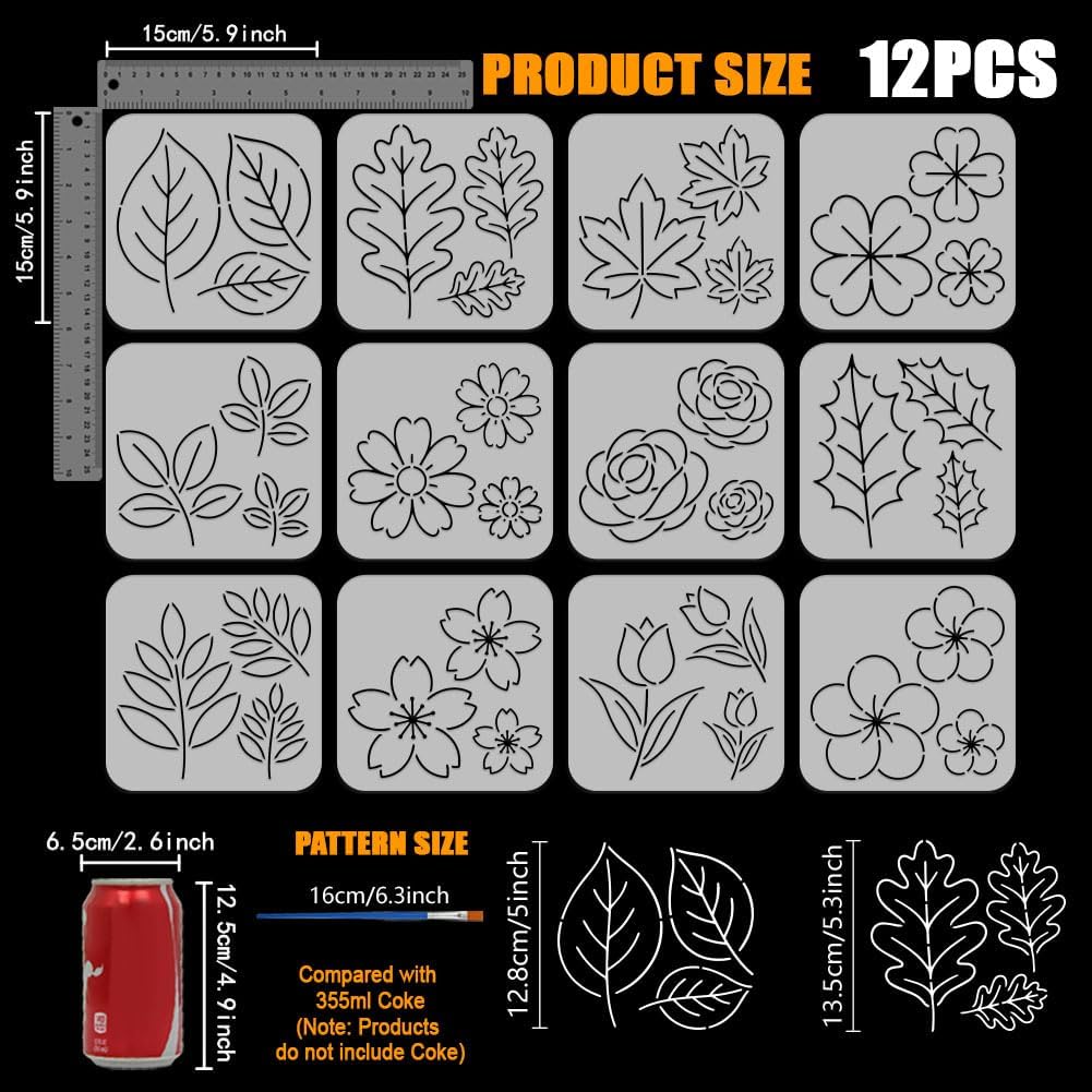 FINGERINSPIRE 12Pcs Leaves and Flowers Stencils with a Brush 5.9x5.9Inch Plants Painting Stencil PET Sashiko Embroidery Themes PET Template for Wood Floor Tile Wall Fabric Furniture Scrapbook DIY