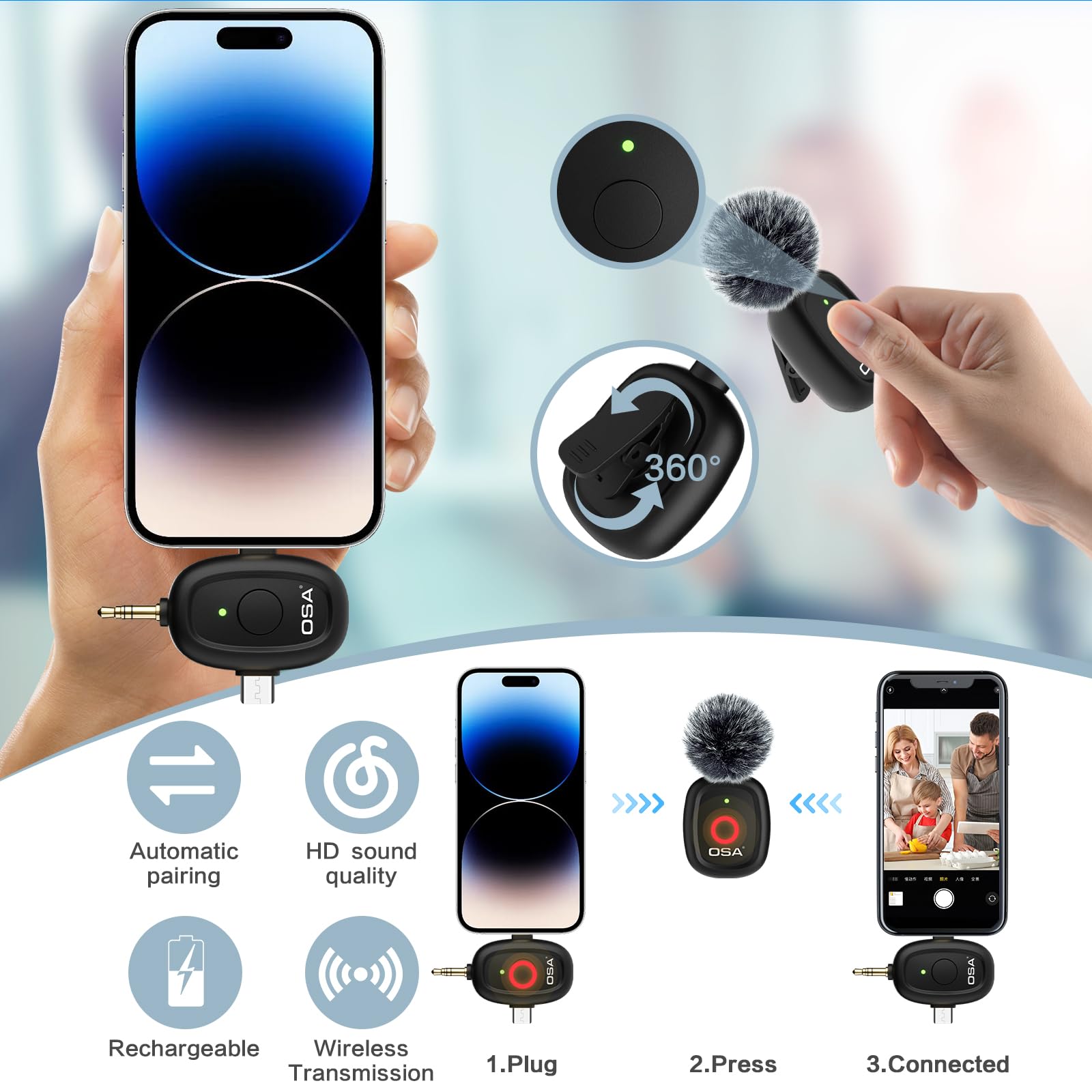 OSA Mini microfono lavalier wireless per fotocamera e computer, durata fino a 9 ore, con riduzione del rumore graduata, adatto per Tiktok