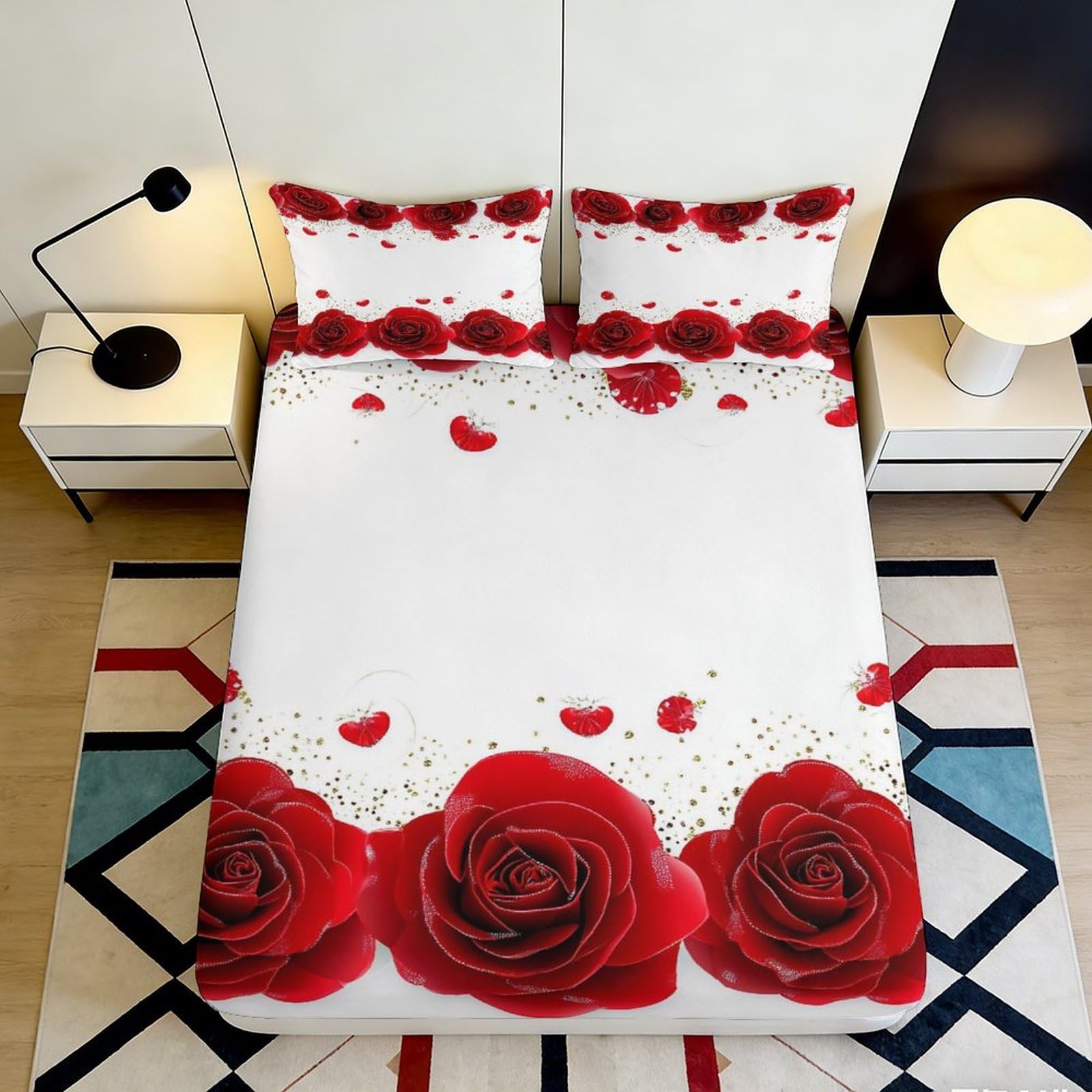 3D Printed Red Rose Fitted Sheet Microfiber Romantic Petal Bed Cover Non Slip Machine Washable Bedroom Decor 90x200x25cm