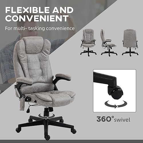 Miniatura 8 de HOMCOM Silla de oficina de masaje vibratorio de 6 puntos con calor, silla de oficina ejecutiva de microfibra con respaldo alto, respaldo reclinable,
