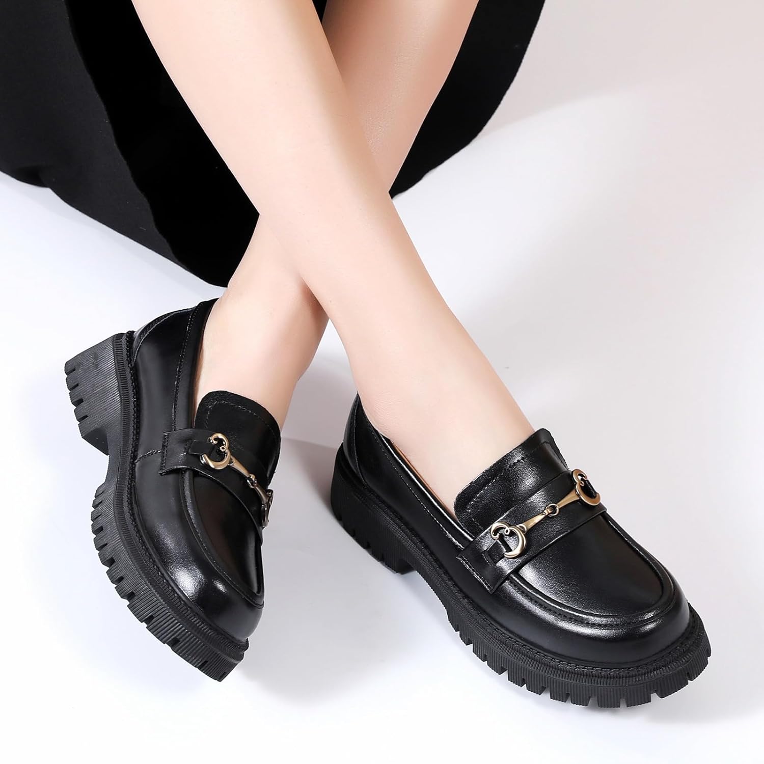 OKJ Black Loafers for Women Chunky Women's Loafers & Slip-ons Penny Comfort Shoes Metal Chain Dressy Office Work Slip on Platform Loafers for Womens Ladies Shoes - Image 2