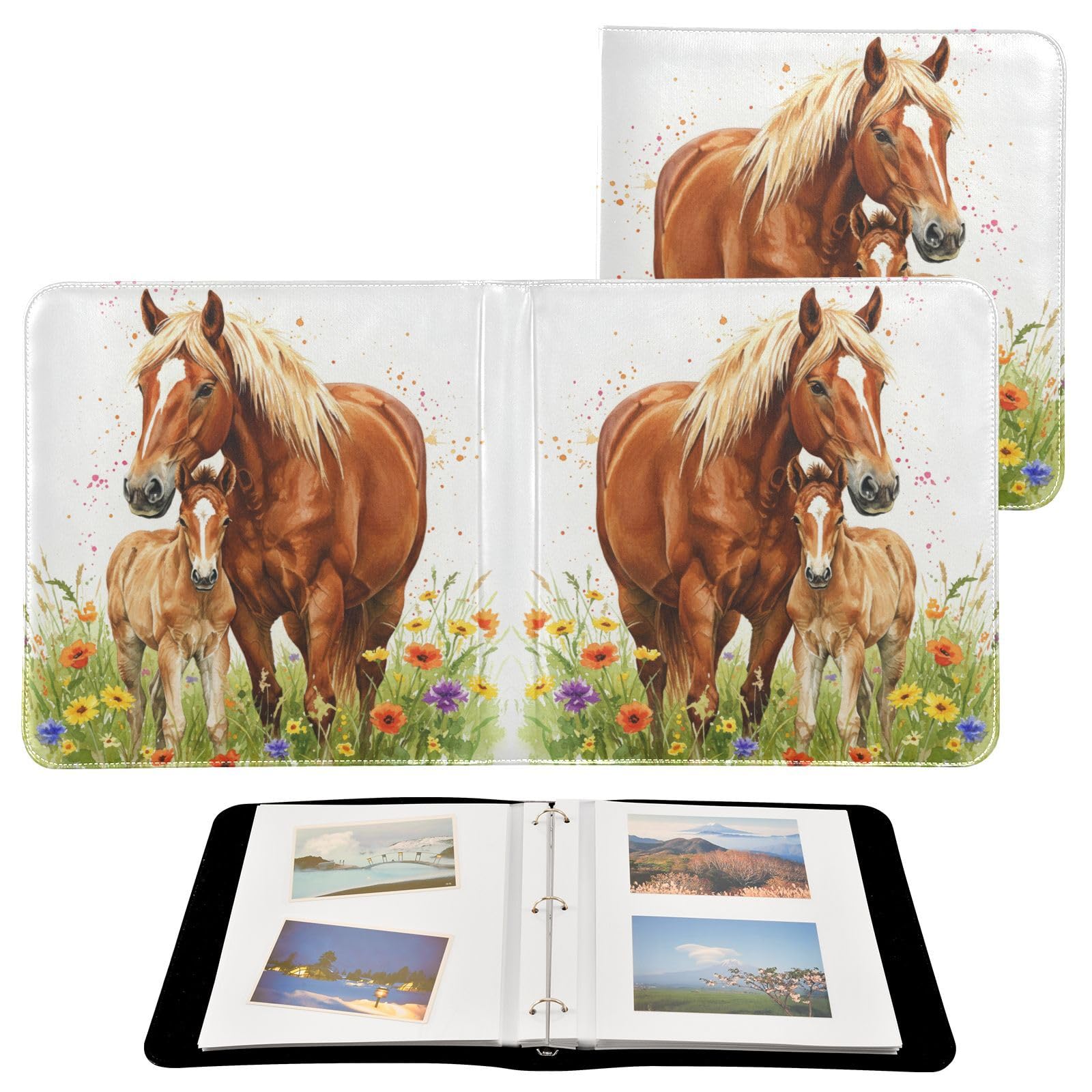 JIPONI Álbum de fotos grande con diseño de caballo salvaje, cubierta de piel, álbumes de recortes para fotos de 4 x 6, 5 x 7, 6 x 8, libro de recuerdos autoadhesivo para bodas, bebés, familia