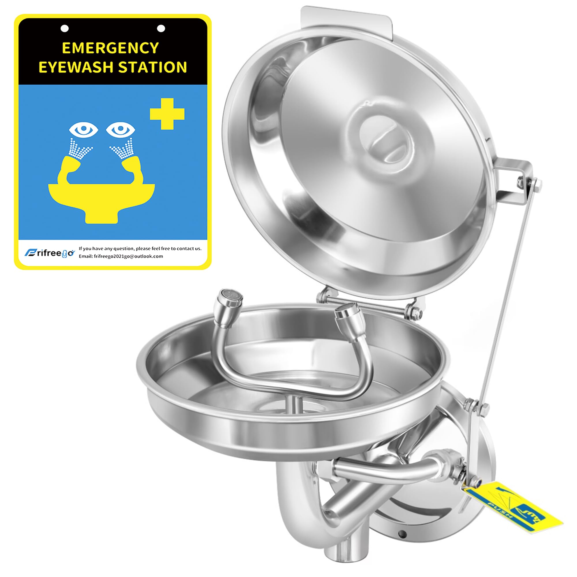 Eye Wash Station with Cover, Wall Mount Eyewash Station OSAH Approved, Stainless Steel Plumbing Eye Washing Unit, with Dual Spray & Mirror, NPT Threaded, Industrial& Commercial Grade Eye Wash Station