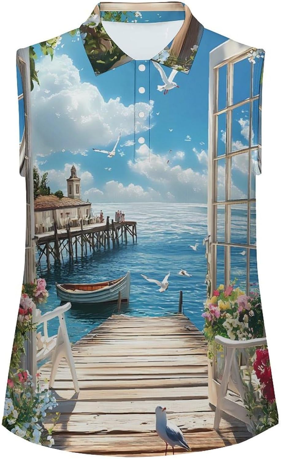 Seaside Boat Scenery Womens Golf Shirts Print Polo Shirt Sleeveless Tank Top Casual Work Blouses
