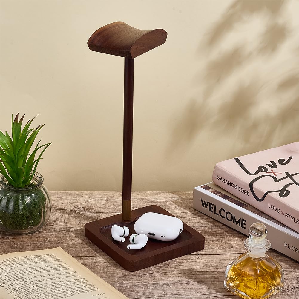 ORIGACH Supporto per cuffie da scrivania, in legno di noce, con base in legno massello, supporto universale per cuffie da tavolo, supporto per cuffie e altro ancora