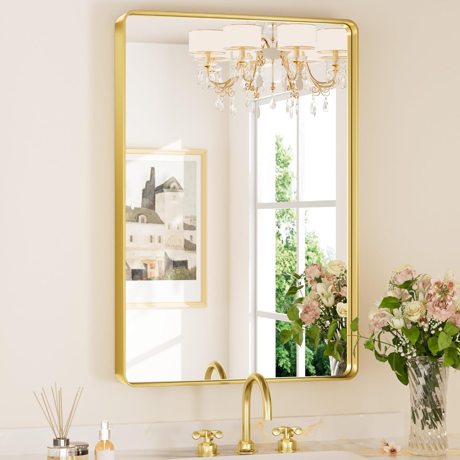 Keonjinn Gold Bathroom Mirrors for Over Sink 24 x 36 Inch Brushed Brass Metal Framed Mirror, Rounded Rectangle Bathroom Vanity Mirror, HD Tempered Glass Modern Mirror for Wall(Horizontal/Vertical) Brushed Gold 36"L x 24"W