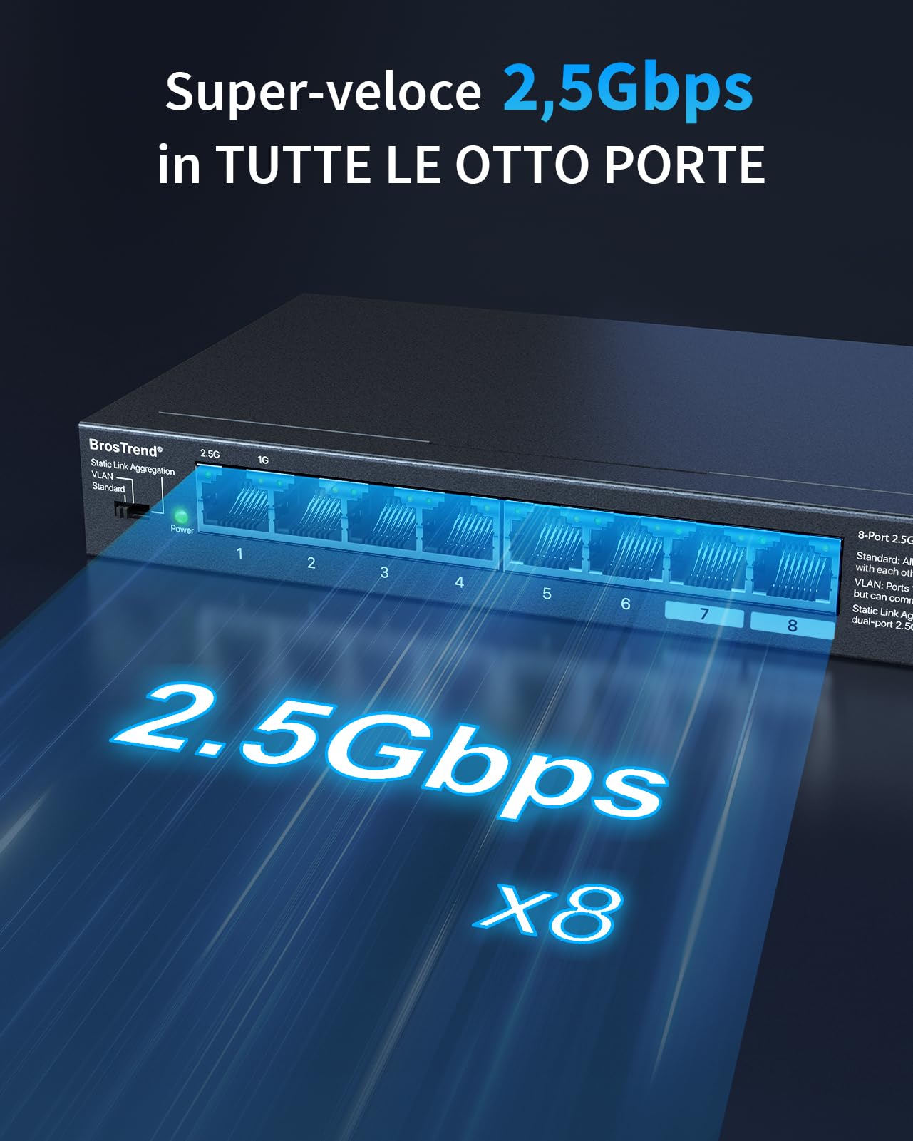 BrosTrend Switch Ethernet 2.5 Gigabit 8 Porte Unmanaged, Sdoppiatore LAN Hub Ethernet Switch 2,5Gb, VLAN & Statico Aggregazione di Link, Senza Ventola, Plug e Play, Montaggio Desktop, Garanzia a Vita