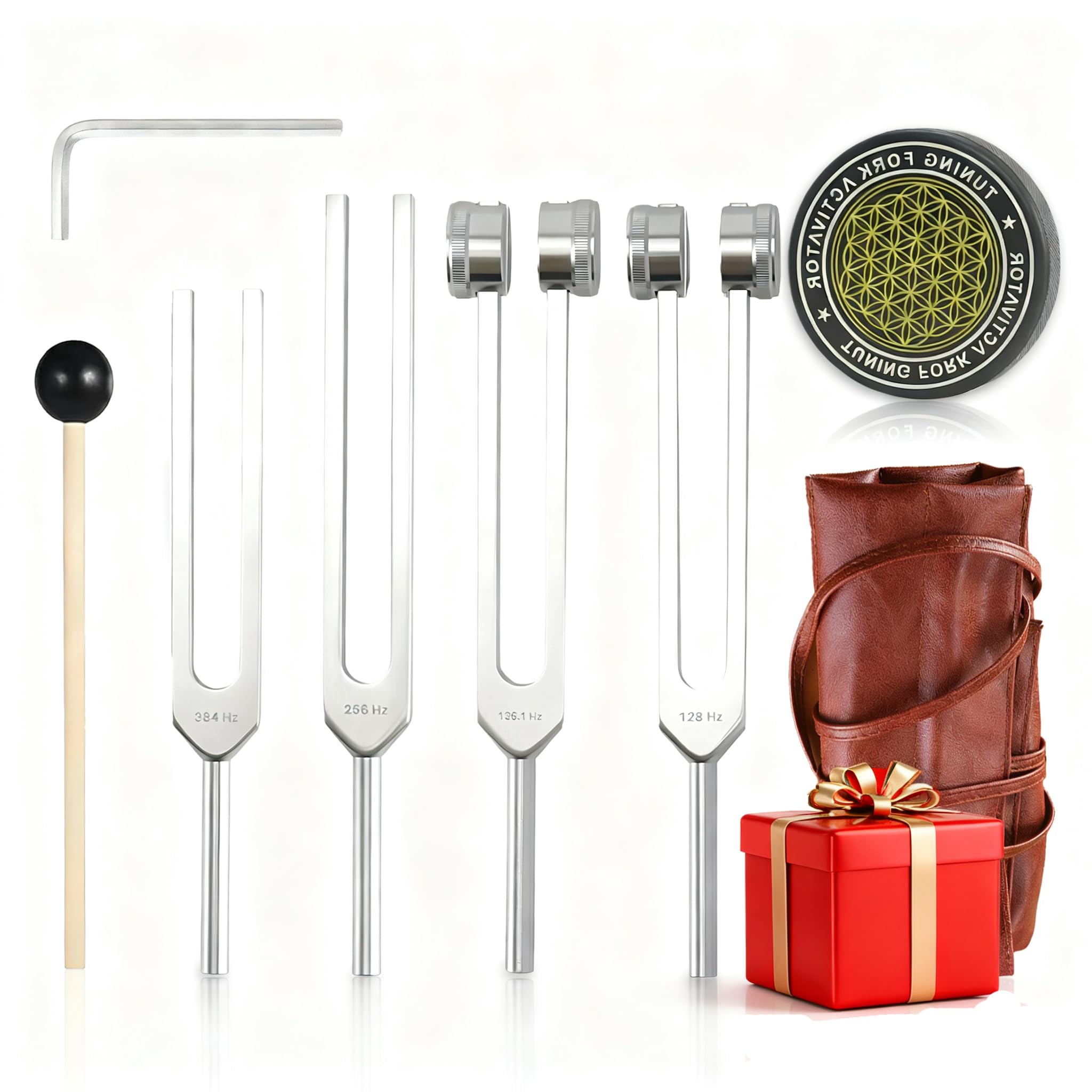 Juego de 4 tenedores de afinación para curación, juego de 4 tenedores de afinación con peso corporal para curación de chakras, 128 Hz, 256 Hz, 384 Hz, 136.1 Hz, aleación de aluminio con bolsa