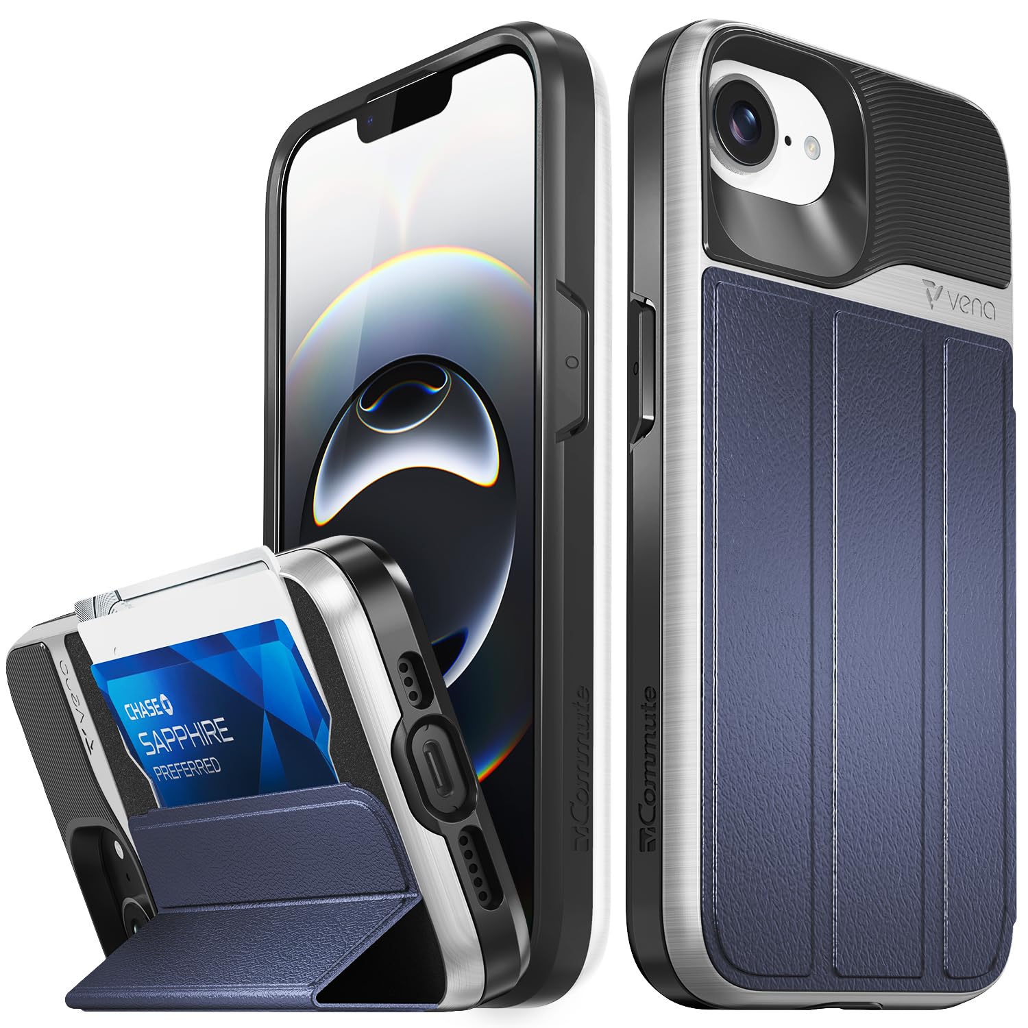 VENA vCommute Wallet Case Compatible with Apple iPhone 16e (6.1"), (Military Grade Drop Protection) Flip Leather Cover Card Slot Holder with Kickstand