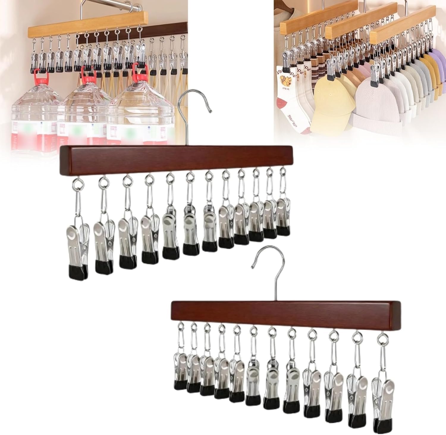 Wooden Hat Hanger for Closet, Multi‑Clip Hanger with 12 Anti‑Slip Metal Clips, Closet Storage Organizer for Hats, Ties, Socks, Scarves, Underwear, Small Accessories