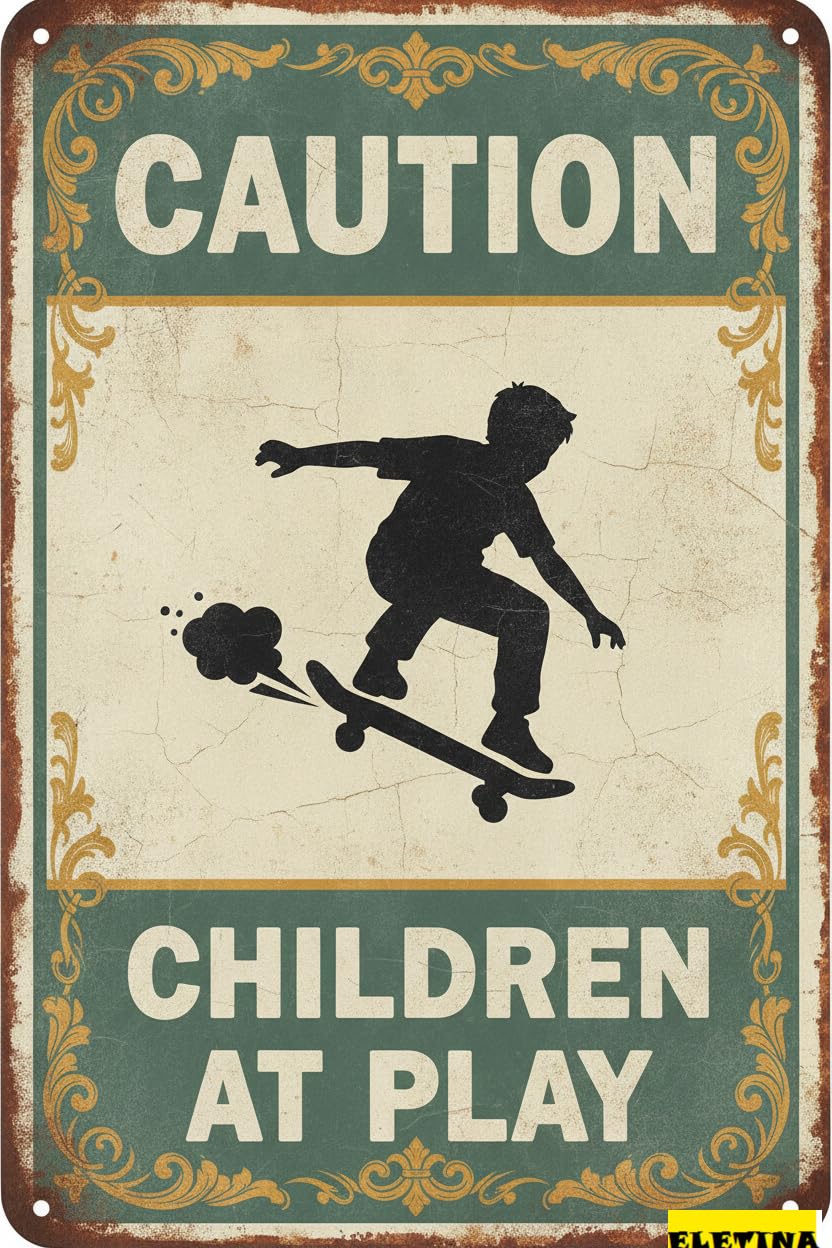 Personalized Sign for Man Cave Caution Children At Play Wall Art Decor Metal Warning Metal Poster Caution Notice Metal Plaque Driveway Road Street Parking Lot 8x12in Private Property Decorative