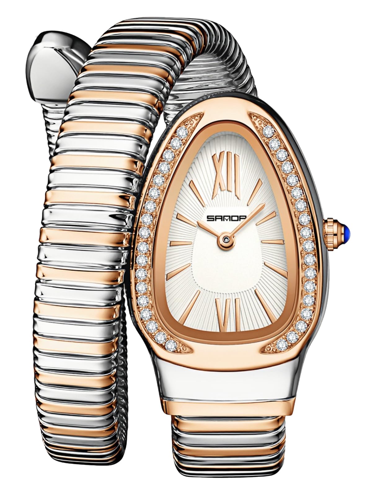 GosasaStylish Women's Snake Shape Bangle Watch Unique Design Snake Coil Elegant Dress Diamond Bracelet Ladies Quartz Wristwatch with Roman Numerals Dial