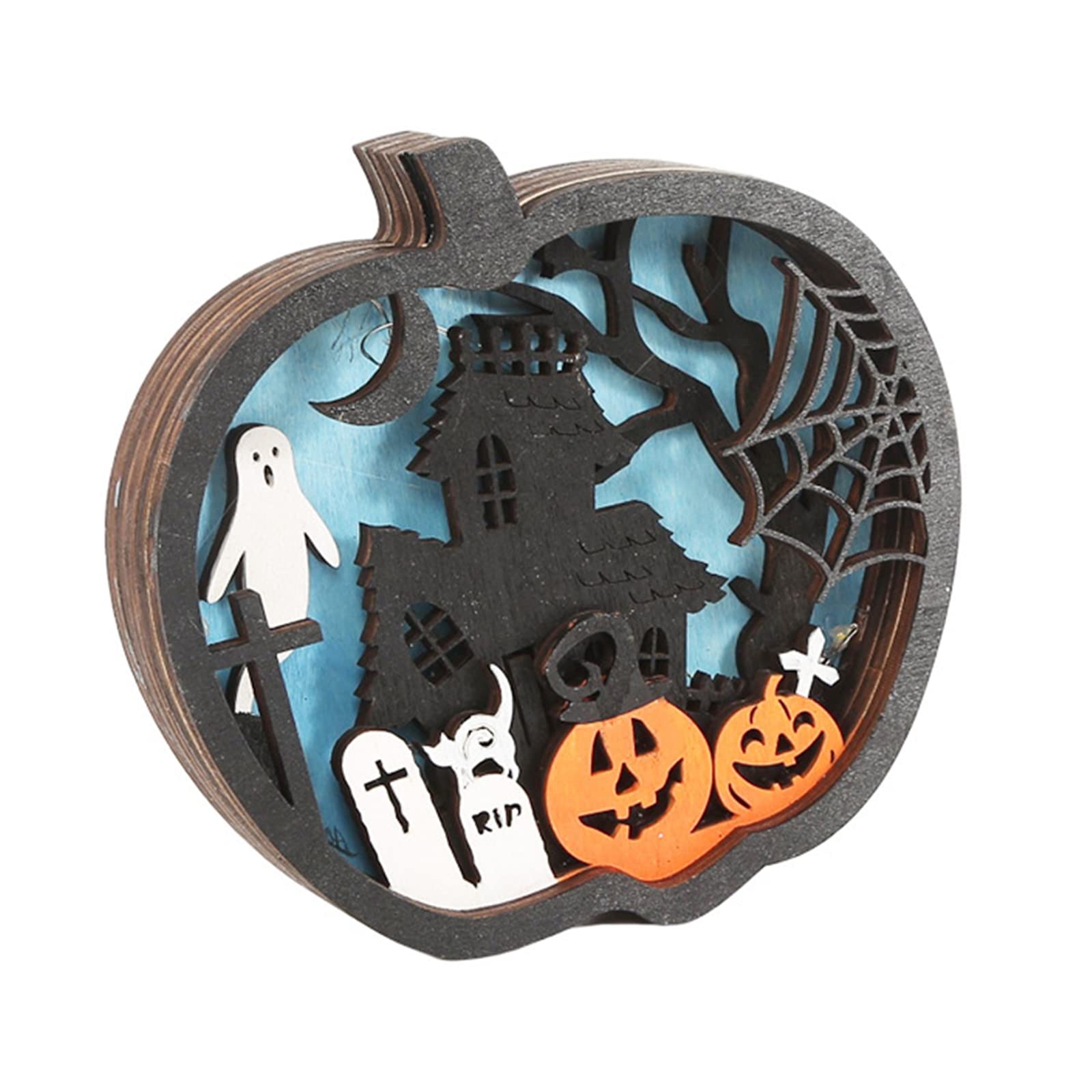 Vkcmnwe Haunted House Wood Pumpkin Led Candle Lanterns Ornaments Battery Power Lights Halloween Outdoor Garden Yard Patio Holiday Decorations Halloween Decorations Wood Pumpkin Led Lanterns Lights Decor Indoor Outdoor