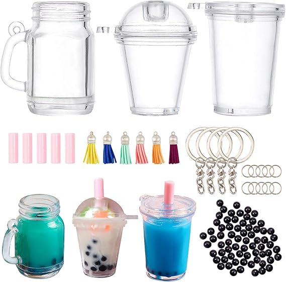 OLYCRAFT 204pcs Boba Keychain Kit Mini Milky Tea Keychain