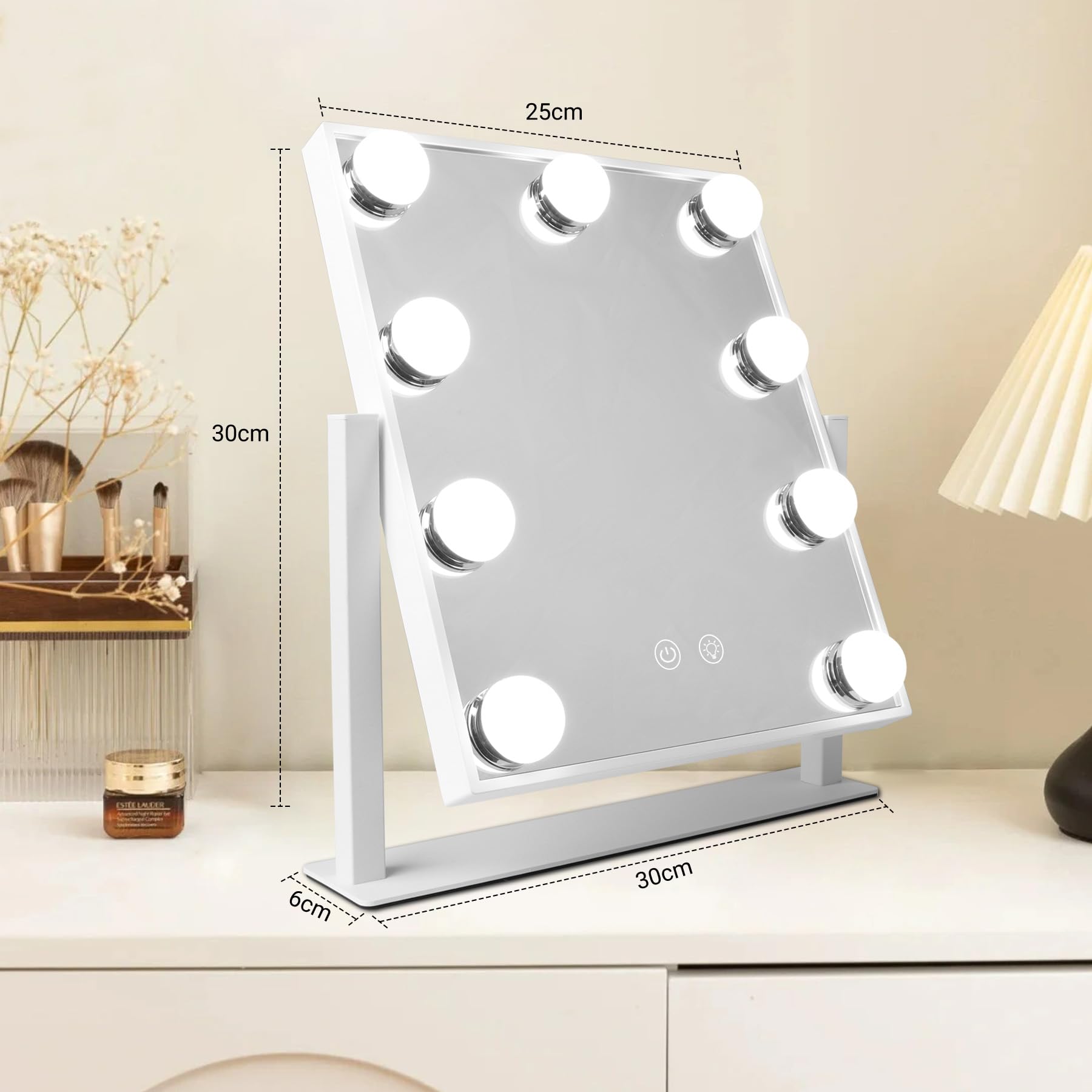 sylvwin Hollywood Specchio per il Trucco con 9 Luci LED - Ruotabile a 360°,3 Temperature di Colore Regolabili (3000K/4000K/6000K) Specchio Tavolo,Controllo Touch,Dimmerabile,Specchio di Vanità Plug-in