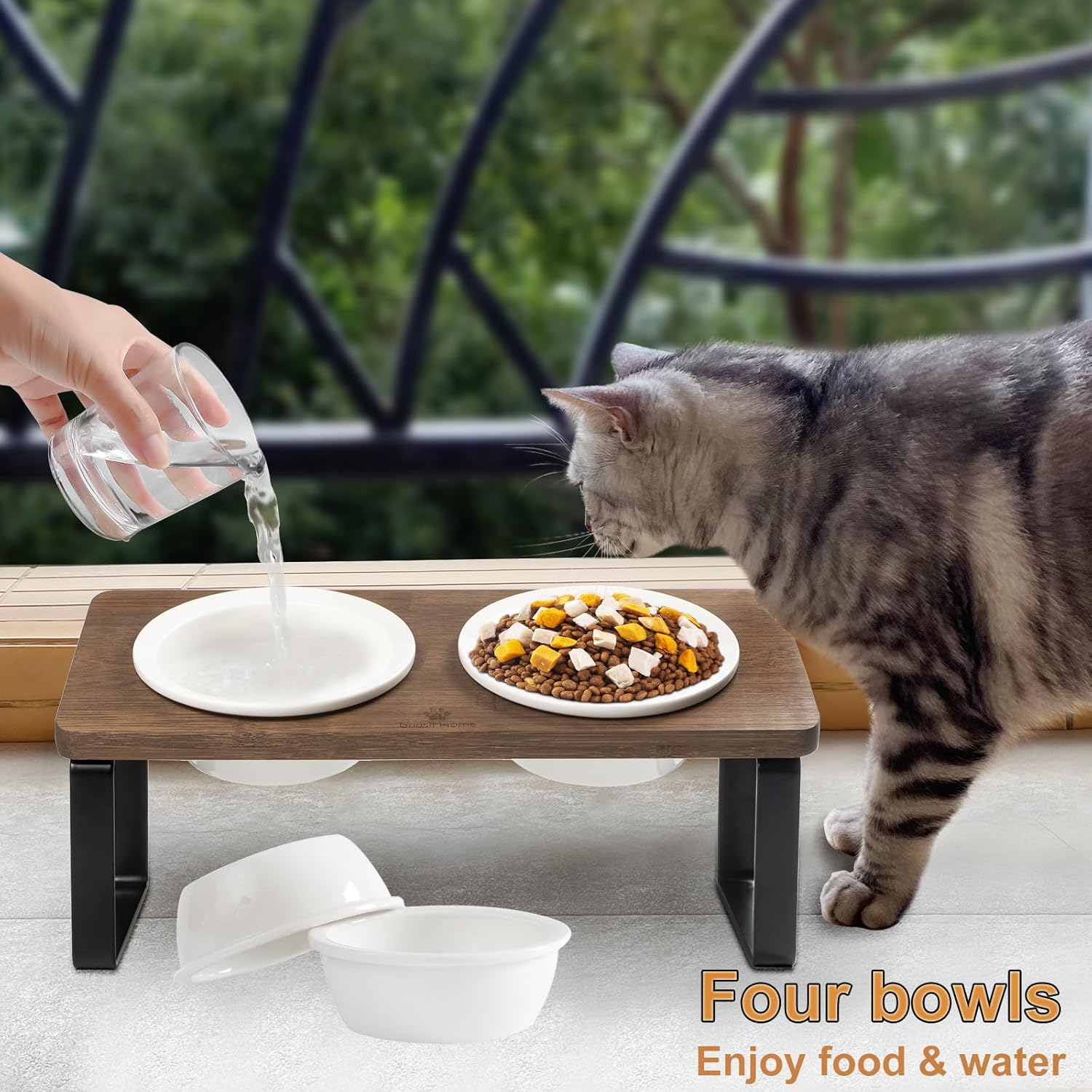 Sunhoo Elevated Cat Bowls for Indoor Cats Ceramic Kitty Dish Food Water Raised Tilted Puppy Feeding Sation with 4 Dishes Wooden Stand Pet Feeder Metal Legs Orthopedic ReducesVomiting（Brown）