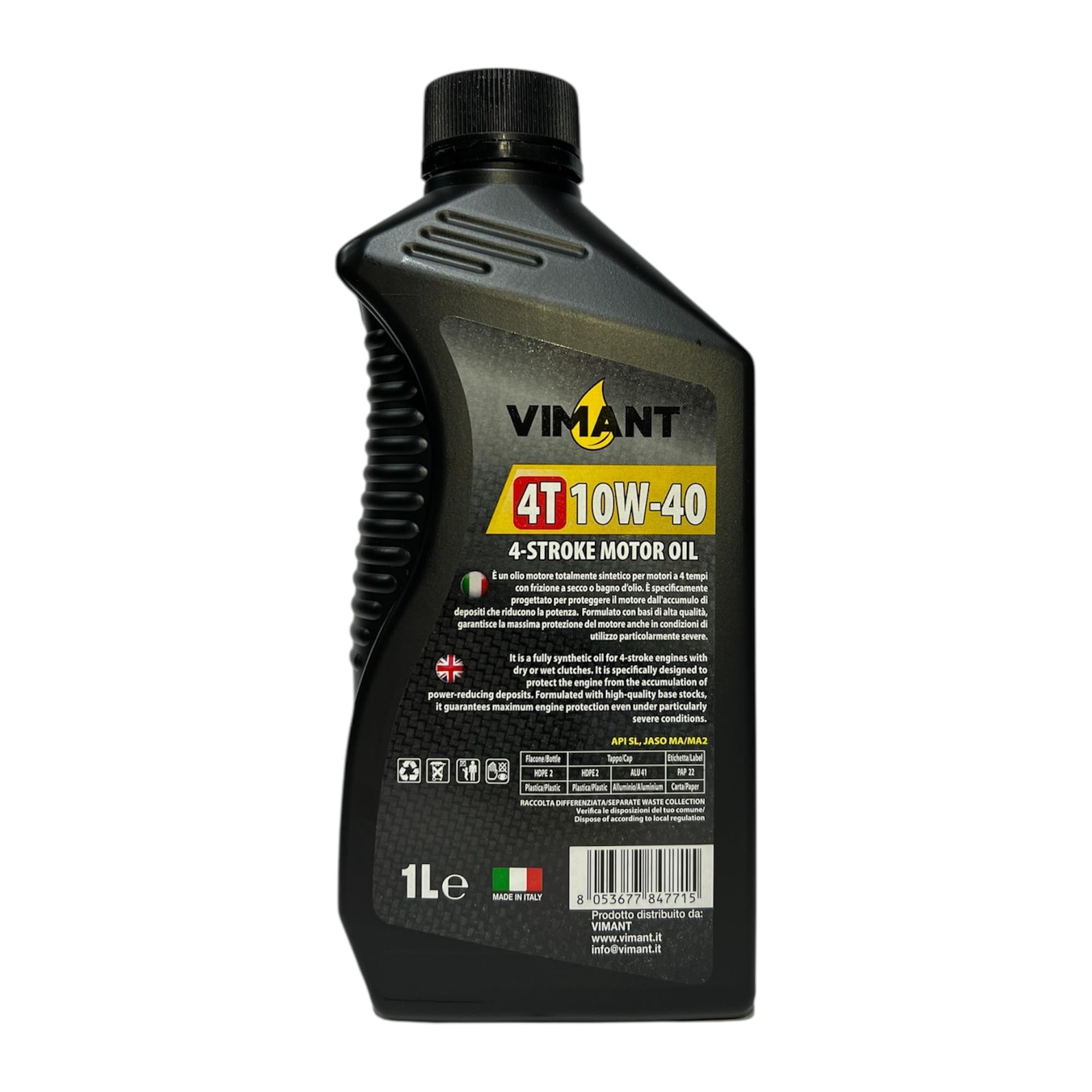 Olio Motore 4T 10W-40, 2 Litri, 2x1L, 100% Sintetico, JASO MA/MA2, Per Motori a 4 Tempi, Moto e Scooter