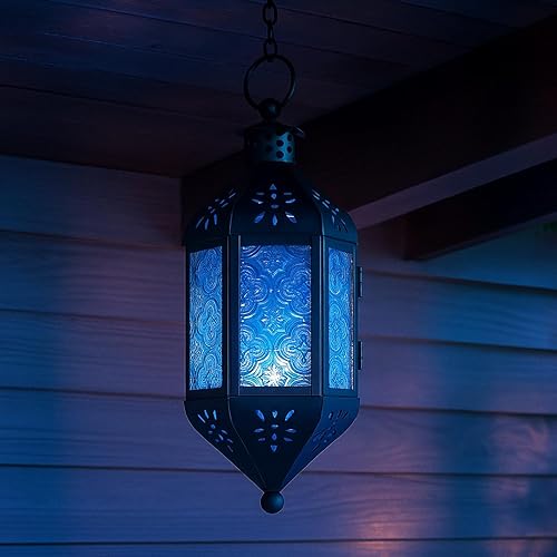 Miniatura 3 de Farol portavelas decorativo Vela Lanterns, estilo marroquí, colgante para decoración al aire libre, cristal azul