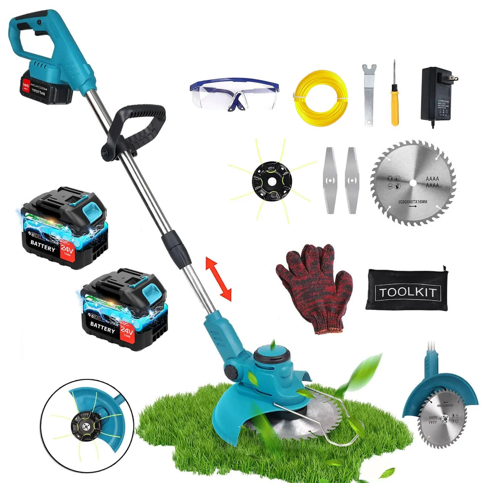 Cortacésped eléctrico de 24 V de mano, inalámbrico, cortador de césped de longitud ajustable, herramienta de jardín para el hogar (sin batería, AU) (2 baterías UK)