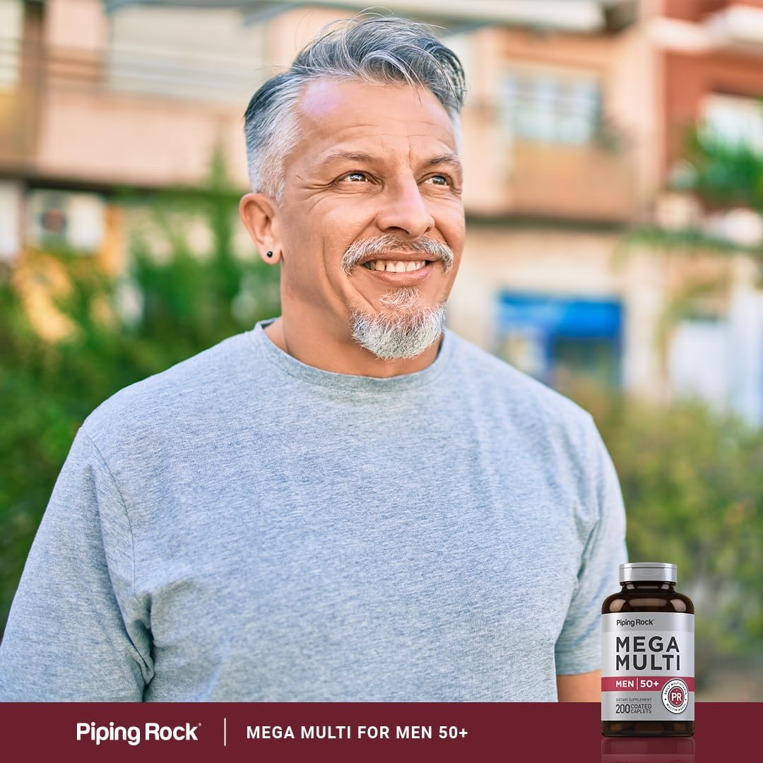 Piping Rock Multivitamin for Men Over 50+ | 200 Caplets | Mega 50 Plus Daily Multimineral | with Magnesium, Calcium, Zinc | Non-GMO, Gluten Free Supplement