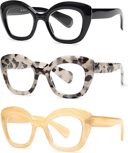 JM Paquete de 3 lentes de lectura de ojo de gato lector de computadora con bloqueo de luz azul para mujeres y hombres