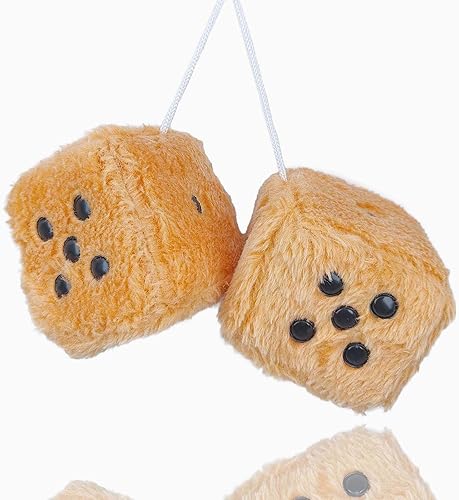 Par de dados de felpa mullidos con espejo de puntos negros de 3 pulgadas, color marrón y negro, adorno decorativo colgante de felpa suave para
