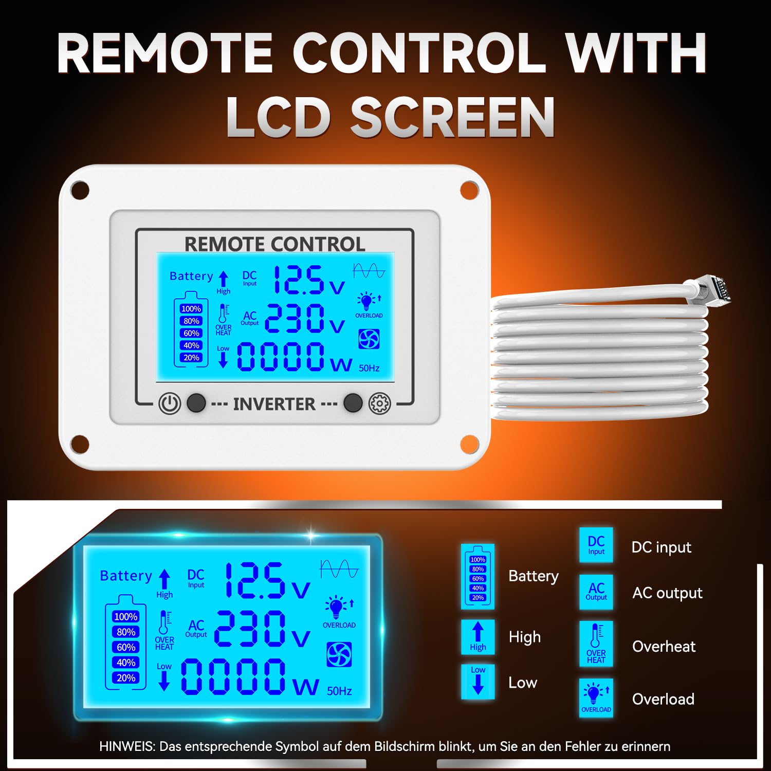 Inverter 12v 220v Onda Pura 3000W Power Inverter Invertitore di Potenza a Onda Sinusoidale Pura con Telecomando & LCD Intelligente & EU Presa & USB-A & Tipo-C (Tensione di ingresso regolabile)